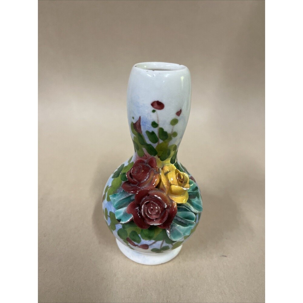 VTG Italian Pottery Bud Vase 4.25”H 3D Raised Flowers & Leaves Hand Painted